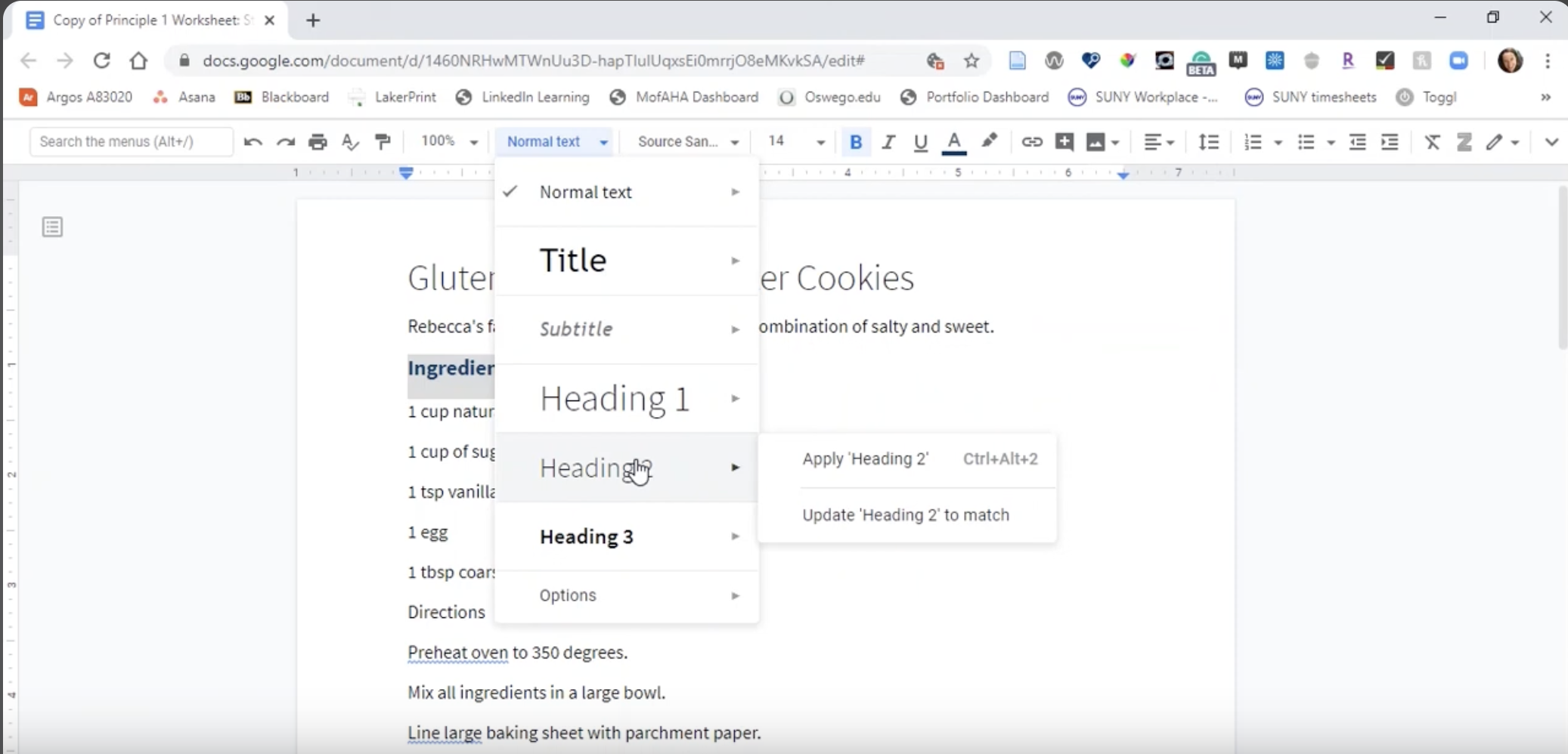 a screenshot of a dropdown menu in Google Docs showing how to choose a heading style