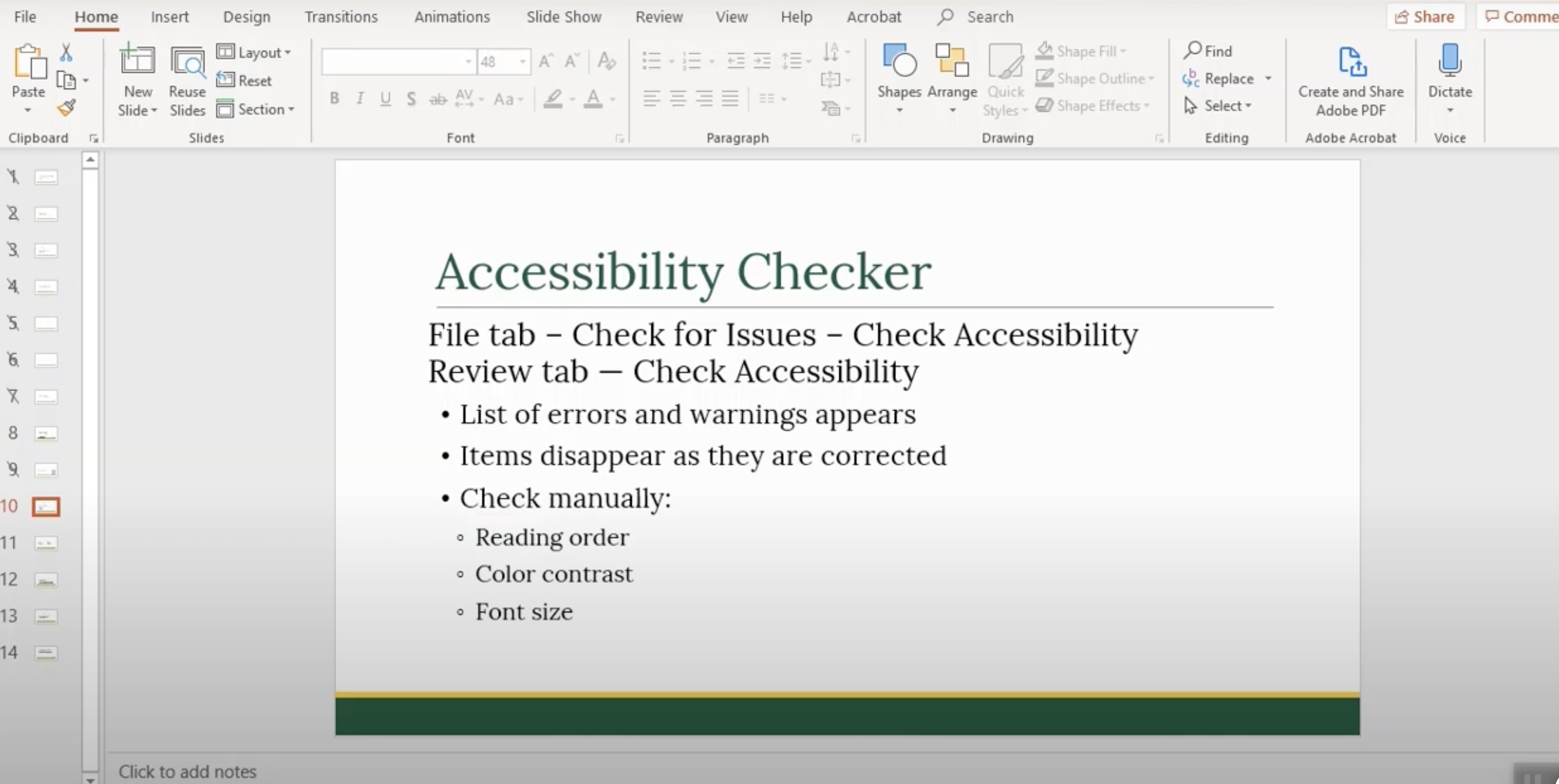 a screenshot of the homepage covering the use of the automated accessibilty checker in power point